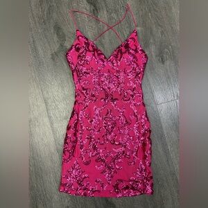 Windsor Size Medium Hot Pink Sequined Mini Dress Short Lined Strappy Open Back